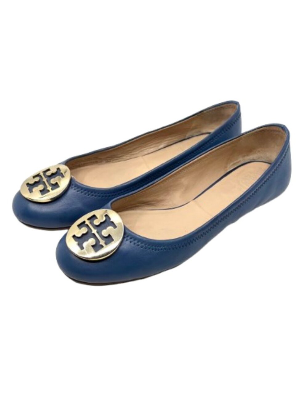 TORY BURCH~Gold Reva Logo~BALLET FLATS SHOES~BLUE NAPA LEATHER Size 8